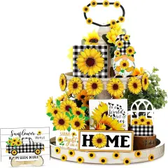12 Pcs Sunflower Tiered Tray Decor Sunflower Decorations for Home Farmhouse Tray Set Rustic Summer Flower Table Top Centerpiece for Home Farmhouse Rustic Kitchen