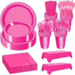 242 Pcs Plastic Dinnerware Set Includes 30 Of Each 9" Dinner Plates |7" Dessert Plates|12 oz Plastic Cups | Napkins|Straws|Spoons, Forks & Knives (Hot Pink, 242PCS（30 Guests）)
