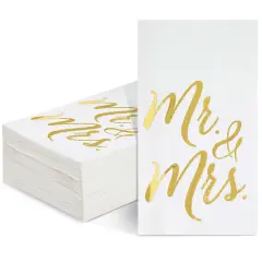 50-Pack Mr and Mrs Napkins, Disposable Wedding Dinner Napkins for Reception, Rehearsal Dinner, Bridal Shower, Engagement Party (Gold Foil and White, 3-Ply, 4x8 in)