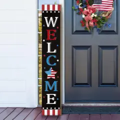 Patriotic 4th of July Independence Day Porch Sign Decor Memorial Day Wooden Hanging Sign Door Porch Standing Decorative Signs Plaques Front Door Farmhouse Outdoor Indoor Welcome Sign Wall Craft Deco