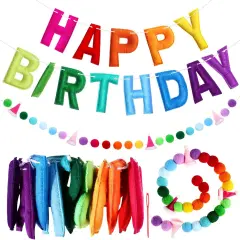 2 Pcs 118 Inch Pre-Strung Happy Birthday Banner Felt Reusable Rainbow Fabric Ball Garland Handmade Colorful Felt Letters Balls for Party Decor