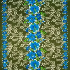 1 Yard Triple Lily Border Tropical Flowers & Leaves Rayon Fabric 36" L x 45" W Green/Blue