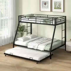 Costway Twin Over Full Metal Slats Bunk Bed Frame with Trundle, Guard Rail & Ladders White/Black