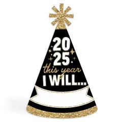 Big Dot of Happiness Hello New Year - Cone Party Hats - 2025 NYE Resolution Cone Party Hat for Adults - Set of 8 (Standard Size)