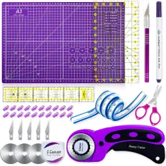Rotary Cutter Set,Sewing Quilting Supplies,45mm Fabric Cutters,A3 Cutting Mat for Sewing,Acrylic Rulers,Scissors,Exacto Knife,Clips,Beginners Sewing Accessories,Fabric Cutter Kit