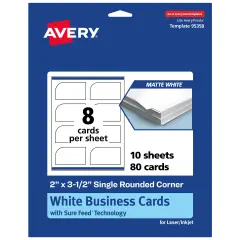Avery Printable Single Rounded Corner Rectangle Business Cards, Sure Feed Technology, 2" x 3-1/2", Matte White Cardstock, Print-to-The-Edge, Laser/Inkjet Printable, 80 Total