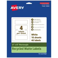 Avery Recycled Matte White Labels,2" x 6" Rectangle