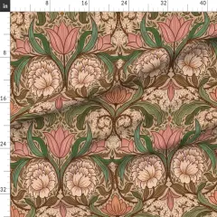 Various Fabrics by the Yard or Fat Quarter Arts And Crafts Pink Green Hand Drawn Floral Scroll Traditional Heritage Revival Custom Printed Fabric by Spoonflower