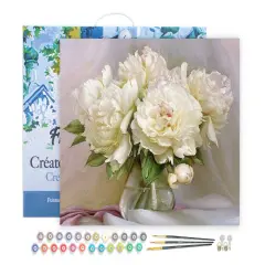 Figured'Art Paint by Numbers for Adults with Frame White Peonies 16"x20" - Craft Art Painting DIY Kit Canvas Already Stretched on a Wooden Frame