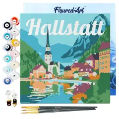 Figured'Art Mini Paint by Numbers Kit for Adults with Frame Travel Poster Hallstatt Small format 8"x8" - Craft Art Painting DIY Canvas Already Stretched on a Wooden Frame