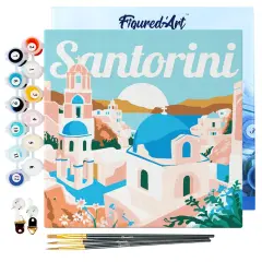 Figured'Art Mini Paint by Numbers Kit for Adults with Frame Travel Poster Santorini Sunrise Small format 8"x8" - Craft Art Painting DIY Canvas Already Stretched on a Wooden Frame