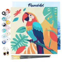 Figured'Art Mini Paint by Numbers Kit for Adults with Frame Tropical Parrot Small format 8"x8" - Craft Art Painting DIY Canvas Already Stretched on a Wooden Frame