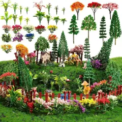 55 Pcs Miniature Colorful Flower Cluster Mini Model Trees Artificial Grass Mat Squares Set 20 Mini Grass 16 Flower Tufts 15 Mixed Trees 4 Garden Craft Grass