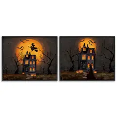 Haunted Houses with Moon 2pc Framed Giclee Art Set Black