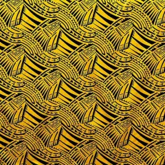 1 Yard Traditional Polynesian Pattern Polyester Foil Fabric, 100% Polyester, Reflective Tribal Design Yellow & Black