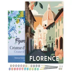 Figured'Art Paint by Numbers for Adults with Frame Travel Poster Florence 16"x20" - Craft Art Painting DIY Kit Canvas Already Stretched on a Wooden Frame