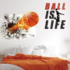 Basketball Wall Decor 18 x 38 Inch 3D Self Adhesive Removable Basketball Wall Decal Stickers for Boys Bedroom Ball is Life Vinyl Dunk Silhouette Sticker Room Decor