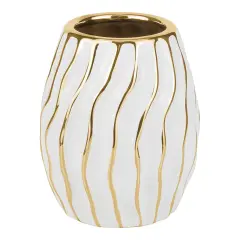 White Porcelain Short Vase with Gold Wavy Design By Kinor Decor