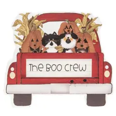 Red Wooden Spooky Truck Sitter with Cat Dog Pumpkins and The Boo Crew Design