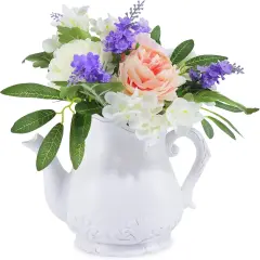 Artificial Flowers in Ceramic Teapot Vase,Centerpieces Coffee Table Decor,Artificial Flower Arrangement for Home Party Office Wedding Kitchen Room