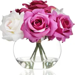 Silk Rose Artificial Flowers with Vase Artificial Rose Flower Arrangements in Round Glass Vase with Faux Water for Home Office Hotel Wedding Party Dinning Table Decor Gift (White & Pink)