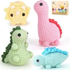 Crochet Kit for Beginners, Beginner Crochet Kit for Adults with Step-by-Step Video Tutorials, DIY Crochet Animal Kits Kids Knitting Supplies, 4 Pack Dinosaurs (40%+ Yarn)