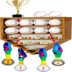 Baseball Balls Display Case with Championship Rings Medals Holder, Solid Wooden Wall Mount Baseball Box for Balls, Rings, Medals, Trophies Collection Brown