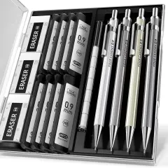 0.9mm Metal Mechanical Pencil Set with Case - 4PCS Fancy Mechanical Pencils, 8 Tubes HB #2 Lead Refills, 3PCS 4B Erasers and 9PCS Eraser Refills, Led Pencils Mechanical for Writing
