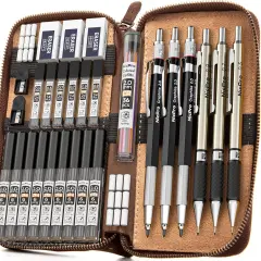 30PCS Art Mechanical Pencil Set in Leather Case, Metal Drafting Pencil 0.5 mm, 0.7 mm, 0.9 mm & 3 PCS 2mm Lead Holders for Sketching Drawing With 16 Tube (6B 4B 2B HB 2H 4H Colors) Lead Refills