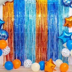 Blue Dog Birthday Party Supplies, 2 Packs 3.3x6.6 ft Foil Fringe Curtains, Orange Light Blue Tinsel Metallic Streamers, Photo Booth Props Streamer Backdrop for Blue-yTheme Party Decoration