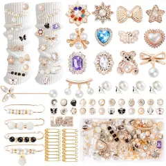 65Pcs Charms for Socks Safety Pin Brooch junk socks charms Brooches and Pins for Women Junk Socks Charms Pins Safety Pin Charms for Socks Pearl Rhinestone Brooch Pins Buttons Shoe Sock Charms Kit