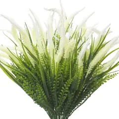 10 Bundles Artificial Plants Outdoor Fake Grass with Flowers UV Resistant Greenery Garden Porch Window Box Decorating (White)