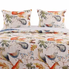 Blue, Beige Birds Animals Floral Microfiber Reversible Quilt Set
