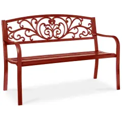 Best Choice Products Outdoor Steel Bench Garden Patio Porch Furniture w/ Floral Design Backrest Rust