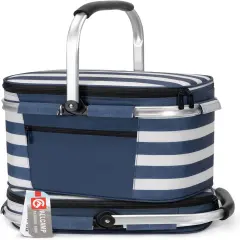 Insulated Picnic Baskets Shoping Basket Cooler Bag Collapsible Portable Picnic Basket (Blue White Stripe)