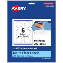 Avery Matte Clear Labels,2-3/4" diameter Round
