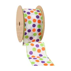 LaRibbons 2 1/2" Wired Ribbon | Multi-Colored Dots on White | 10 Yard Roll