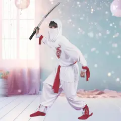White Ninja Deluxe Child Costume with Hooded Shirt and Red Dragon Design