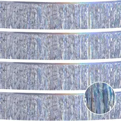 Laser Silver Christmas Decorations Tinsel Garland Parade Float Decorations for Trailer 4Pack 12FT Christmas Party Decor Ceiling Fringe Banner Silver Backdrop for Streamers Party Decorations