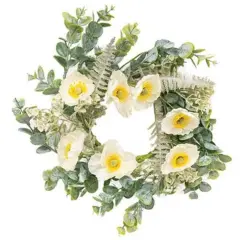 4.5" Alabaster Poppy Candle Ring with Green Paper-Wrapped Base and Fabric Flowers