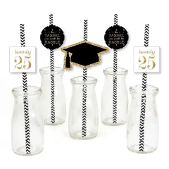 Big Dot of Happiness Gold 2025 Graduation Paper Straw Decor - Party Striped Decorative Straws - Set of 24