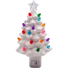 Roman Christmas Tree Nightlight, Plug In Nostalgic Ceramic Tree Night Light with Star and Colorful Illuminated Xmas Lights, White Tree