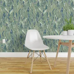 Peel & Stick Wallpaper 2FT Wide Wild Grasses Plants Nature Blue Green Vintage Wilderness Mid Century Rustic Antique Meadows Fields Beautiful Custom Removable Wallpaper by Spoonflower