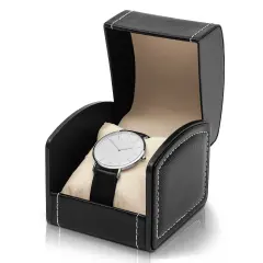 Single Grid Wrist Watch Box with Pillow (Black, Faux Leather)