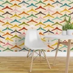Pre-Pasted Wallpaper 2FT Wide Retro Fashion Novelty Whimsical Polka Dots Clothes Hangers Pink Yellow Orange Flower Check Colorful Doily Lace Laundry Room Closet Clothing Custom Pre-pasted Wallpaper by Spoonflower