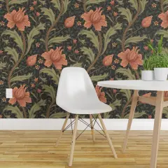 Pre-Pasted Wallpaper 2FT Wide Green Pink Floral Vines Hand Drawn Moody Traditional Botanical Arts And Crafts Custom Pre-pasted Wallpaper by Spoonflower