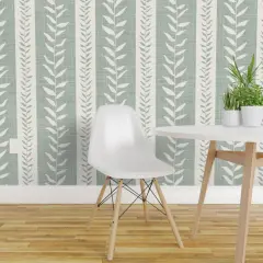 Peel & Stick Wallpaper 2FT Wide Large Stripe Green Stripes Tropical Sage Faux Linen Custom Removable Wallpaper by Spoonflower