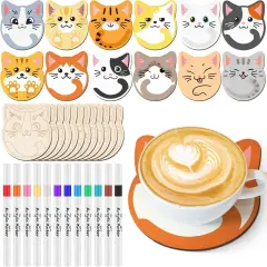24 Pcs Cat Wooden Coasters Painting Set with Markers Unfinished