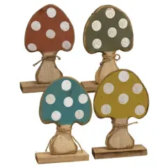 Wood Mushroom Figurines with Jute Tie and Wooden Base 4 Asstd.