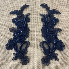 1 Pair Beaded & Corded Floral Lace Applique 9" x 2.5" Each Side Navy
